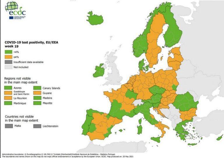 Χάρτης ECDC: Στο «πράσινο» παραμένει η Ελλάδα στον δείκτη θετικότητας