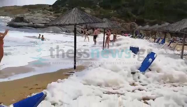 Γέμισε «αφρούς» παραλία στην Χαλκιδική: Εκτιμάται πως οφείλεται στο φαινόμενο του «ευτροφισμού»